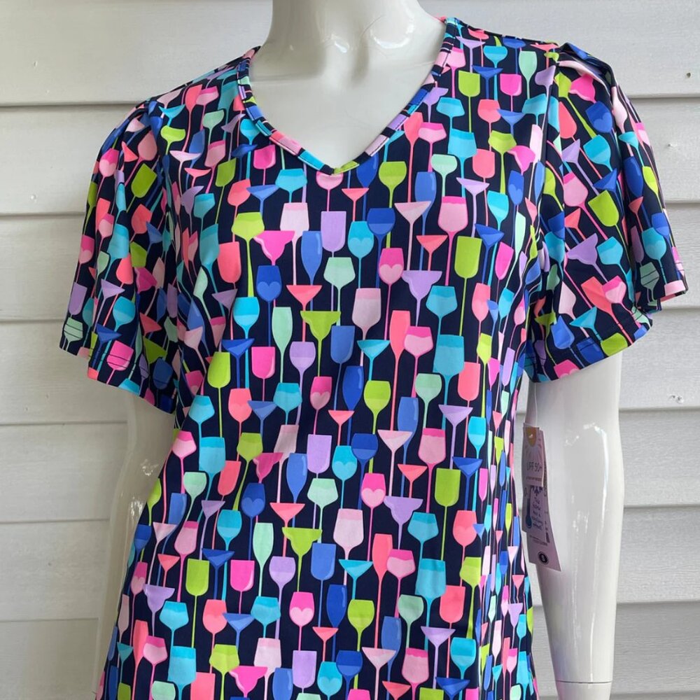 NWT Lulu-B Ladies Navy Blue Colorful Wine Glass Print V-Neck Frill Sleeve Top